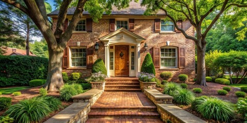 Fototapeta premium A brick house with a well-maintained front yard, featuring a welcoming entrance with a wooden door, a brick walkway, and lush greenery