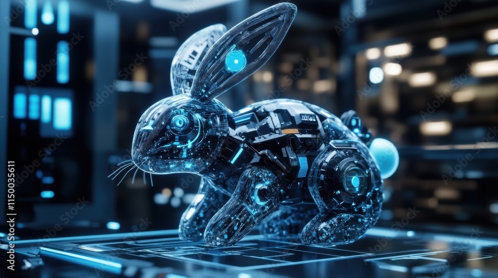Poster a dynamic shot of a rabbit-shaped nano robot, emphasizing its detailed structure and technological p