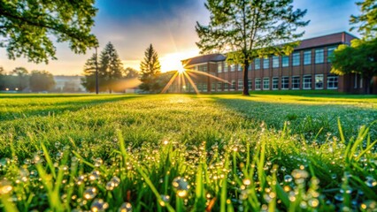 A dewy morning lawn with a brick building in the background, bathed in the golden rays of sunrise.