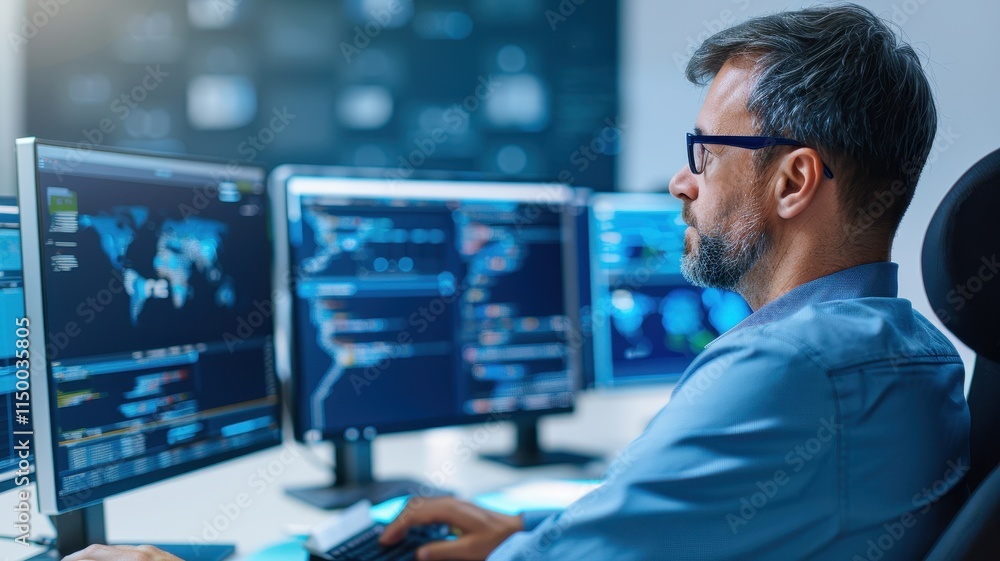Poster a focused professional analyzes data on multiple monitors in a modern workspace, highlighting the im