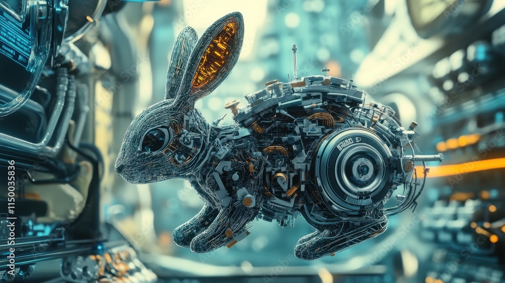 Poster a dynamic shot of a rabbit-shaped nano robot, emphasizing its detailed structure and technological p