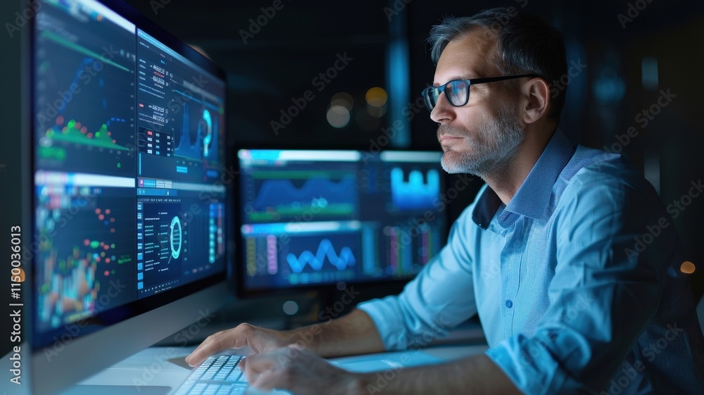 Poster a focused individual analyzes data on multiple screens in a dimly lit environment, showcasing a mode