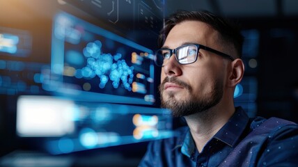 A focused professional analyzes digital data while surrounded by high-tech displays and visualizations.