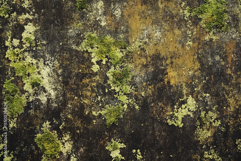 Poster moss-covered tree bark reveals intricate textures and vibrant green patches in a forest setting