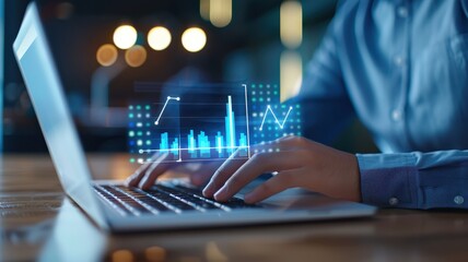 A person types on a laptop with digital graphs and data visualizations displayed above the keyboard, indicating data analysis or financial insights.