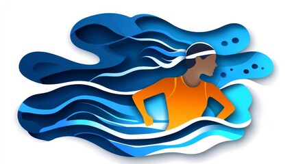 Abstract Swimmer  Paper Cut Style  Sports  Ocean Waves