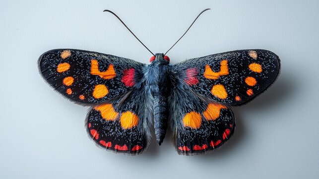 small cinquefoil burnet moth Zygaena loti is elegantly posed on white background. Its striking black wings display vivid red spots showcasing its unique beauty and delicate features.
