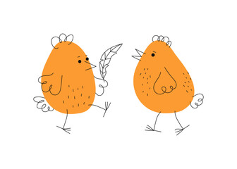 Cartoon funny chickens. Easter design. Simple drawing, doodle, line icons. Domestic animals, feather, poultry. Vector illustration, white background.