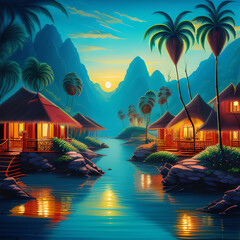 Tropical southeast asian landscape with traditional jungle and plants in the front and islands, sea and yachts in the background. Retro travel poster.generative ai