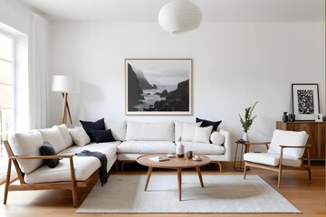 White living room with sofa and armchair, wooden table, lamp, and minimal artwork.
