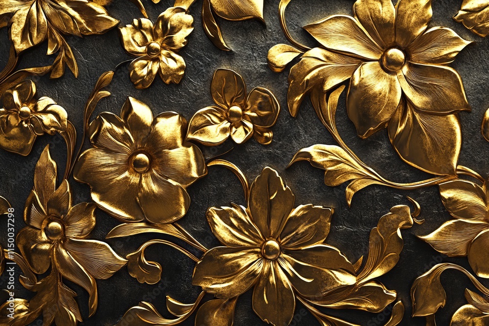 Poster ornate floral gold engraving with intricate details and a dark background creating a luxurious textu