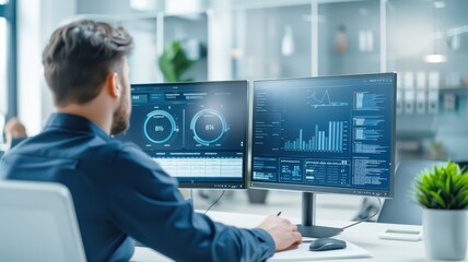 A focused professional analyzes data on dual monitors in a modern office, surrounded by greenery, showcasing a tech-driven work environment.