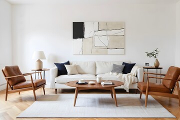 White living room with sofa and armchair, wooden table, lamp, and minimal artwork.