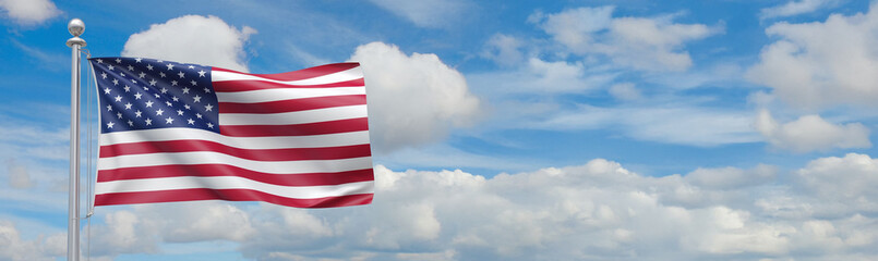 Fototapeta premium Wawing US flag on blue sky background. Copy space for text. For Memorial Day, 4th of July, Labour Day, Independence Day. Happy Veterans Day. Remember and Honor concept, presidential Inauguration day