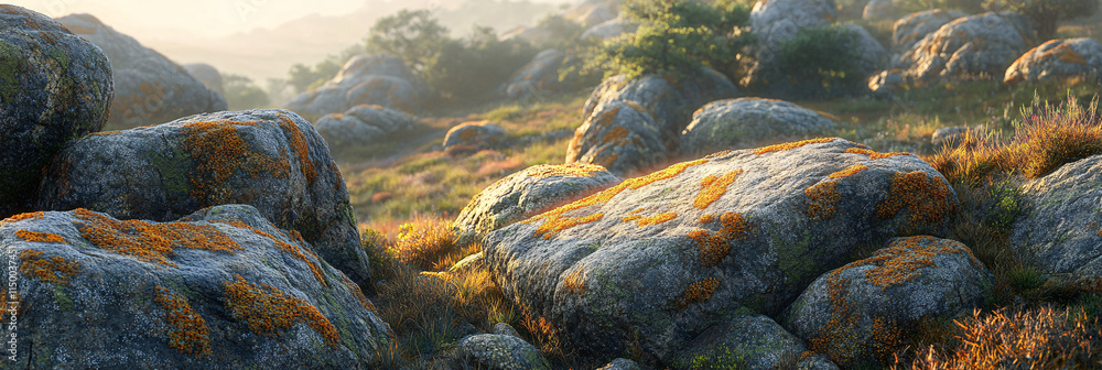 Poster granite formations glowing in the soft light of a setting sun, with vibrant lichen patterns illumina