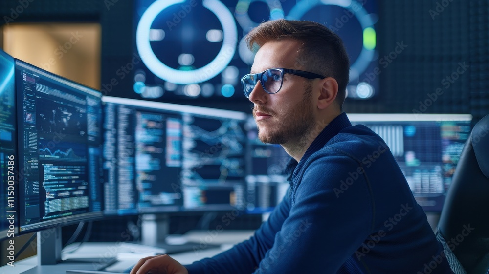 Poster a focused individual in smart glasses analyzes data on multiple screens in a high-tech control room.