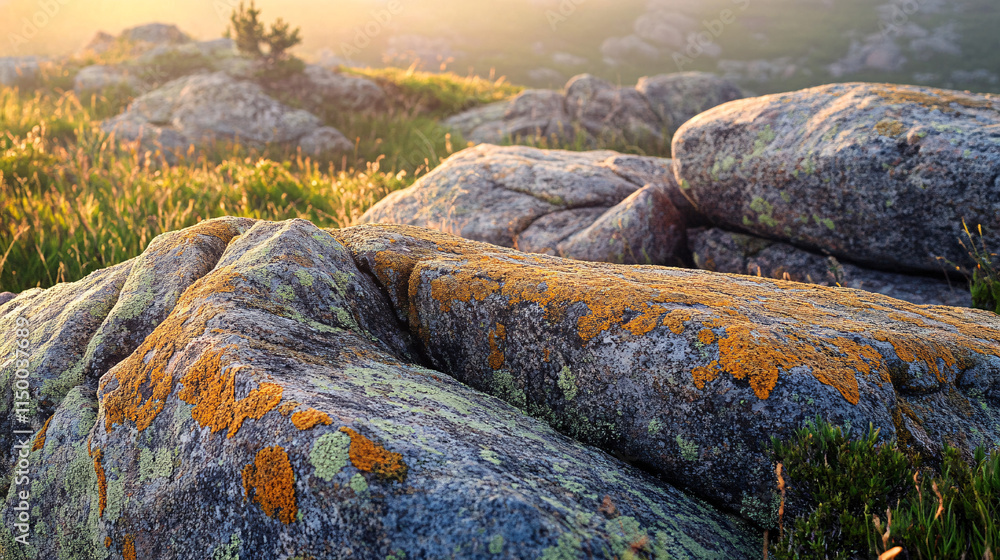 Poster granite formations glowing in the soft light of a setting sun, with vibrant lichen patterns illumina