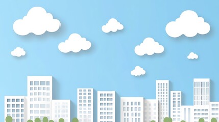 Obraz premium Modern Cityscape Illustration with White Buildings and Fluffy Clouds Against a Blue Sky