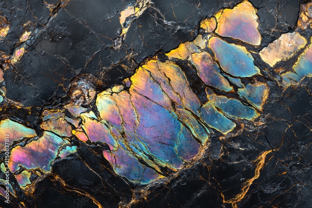 Poster polished holographic stone texture with vibrant colors and unique patterns in a dark background