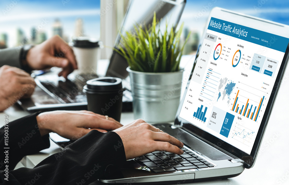 Poster computer software for website traffic analytics data on computer screen. concept of seo search engin