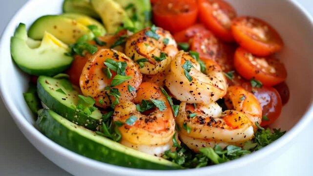 Assiette saine de crevettes tomates cerises concombre et avocat. Healthy shrimp, cherry tomato, cucumber and avocado platter.