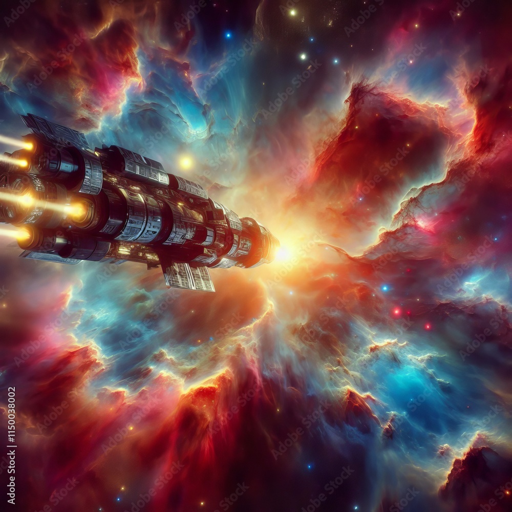 Poster a powerful spaceship soars through a vibrant nebula filled with cosmic colors. this epic space scene