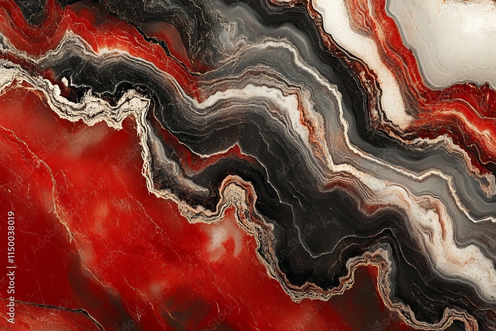 Poster Polished onyx stone with swirling red, black, and white patterns creating a unique natural texture