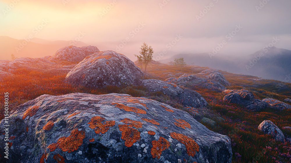 Poster granite formations glowing in the soft light of a setting sun, with vibrant lichen patterns illumina
