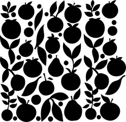 Fruits silhouettes drawing seamless pattern isolated on white background. Pineapple, pear, lemon, pomegranate, plum and others in sleek modern style. Vector clipart.