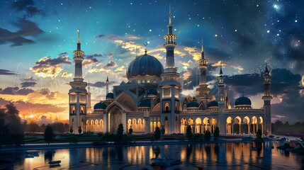Obraz premium luxurious and magnificent mosque building, with a large and beautiful garden, at night with a beautiful view of the stars