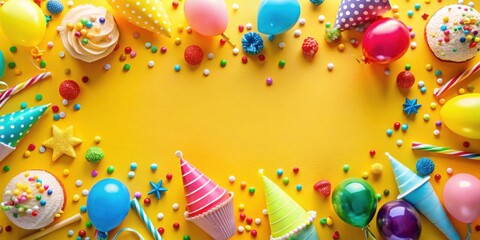A Festive Yellow Background with Colorful Balloons, Party Hats, Candy, and Cupcakes for a Birthday Celebration