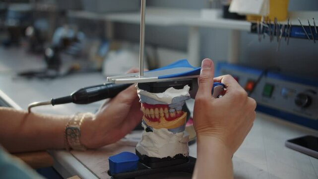 Dental Technician Fine-Tuning Dental Prosthetics in Laboratory