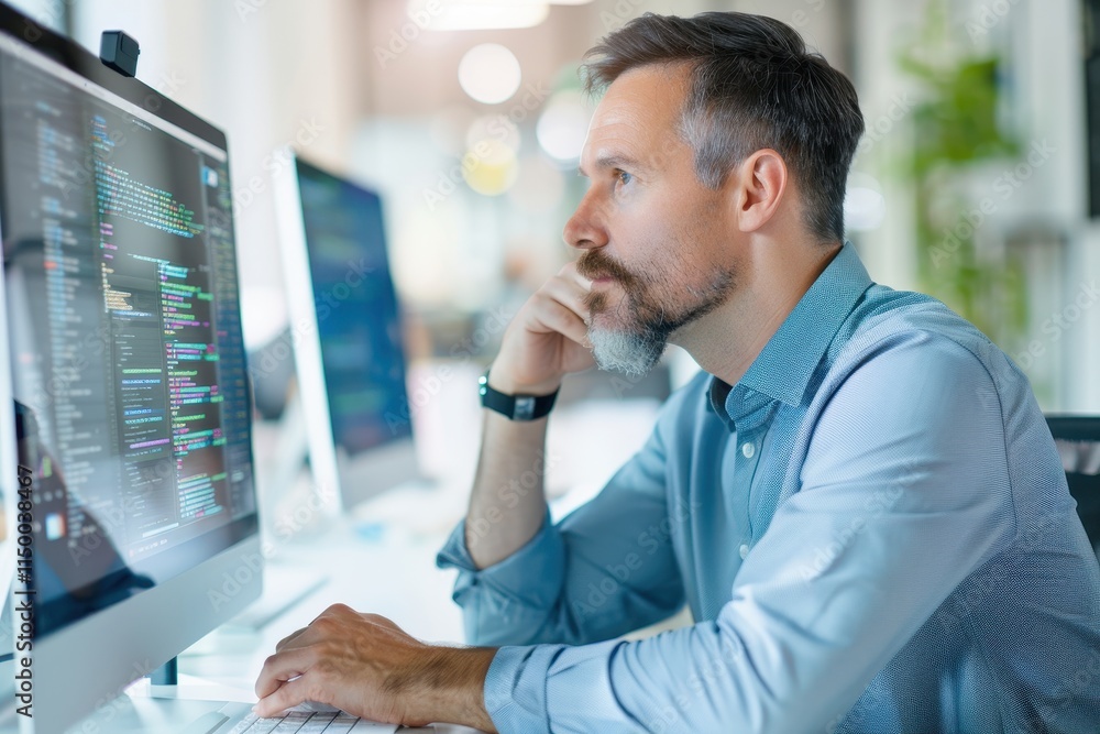 Poster a focused professional analyzes code on a computer screen, embodying concentration and expertise in 