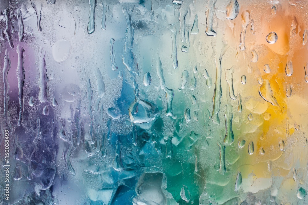 Aufkleber Raindrops create a mesmerizing texture on a clear glass surface with colorful backgrounds in the blurred view behind
