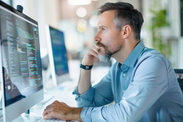 A focused professional analyzes code on a computer screen, embodying concentration and expertise in a modern workspace setting.