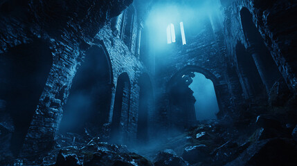Fototapeta premium Low-angle shot of crumbling, shadowy ruins, covered in dark lichen, the mist curling through cracks in the rock as a soft blue light hints at hidden details. 