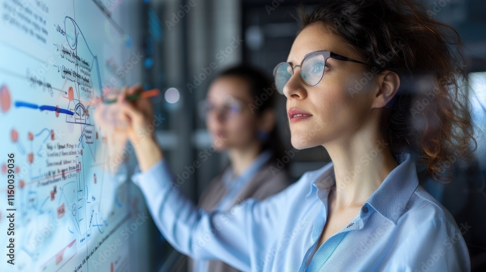 Aufkleber a woman analyzes data on a touchscreen display, engaging in a collaborative work environment with a 