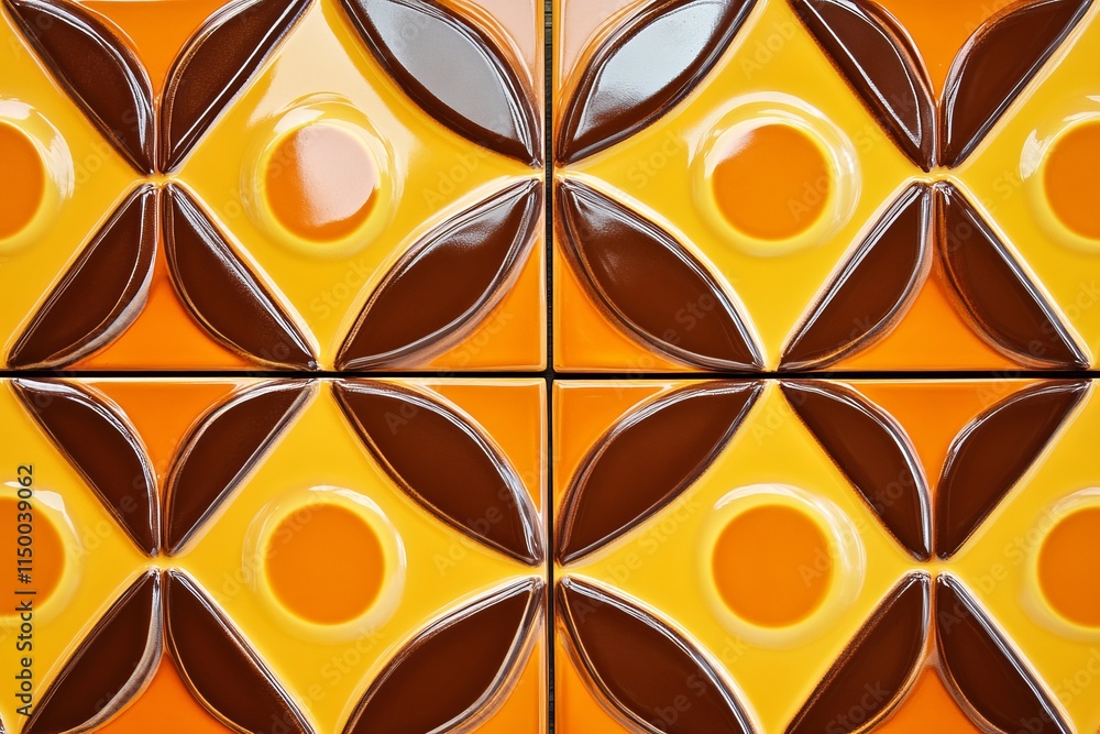 Poster retro orange and brown geometric texture creating a vibrant pattern on ceramic tiles in a sunny inte