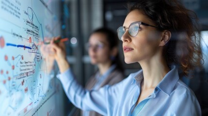 A woman analyzes data on a touchscreen display, engaging in a collaborative work environment with a colleague in the background.