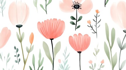 Delicate Floral Pattern with Soft Colors and Elegant Watercolor Flowers