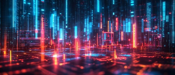 Futuristic digital city skyline with glowing neon lights.