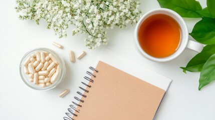 Flat lay of biotin supplements alongside a journal and a cup of herbal tea, creating a serene wellness vibe focused on self-care, health, and mindfulness in a calming, natural setting.