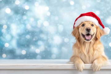 Festive puppy in santa hat winter wonderland adorable photo soft background cheerful view holiday spirit