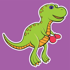cartoon green children's t-rex with boxing gloves and black eye with white sticker border