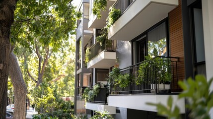 Modern Apartment Building with Lush Greenery and Balconies