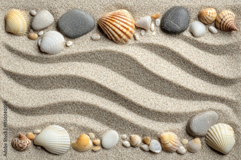 Poster Texture of sandy surface with seashells and pebbles arranged in gentle waves under soft sunlight