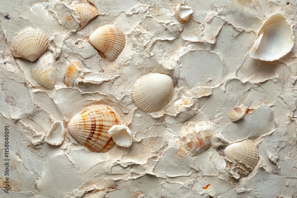 Poster sandy texture featuring small pebbles and seashells on a coastal surface during daylight