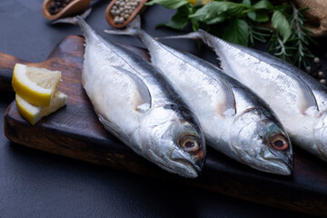 Raw mackerel, seafood, ready to cook on black background