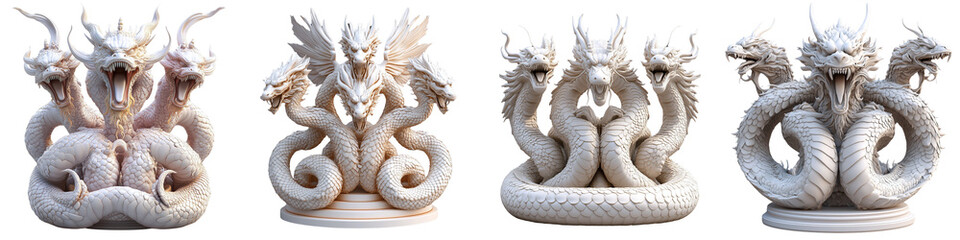 Fototapeta premium Four white statues of dragons with three heads