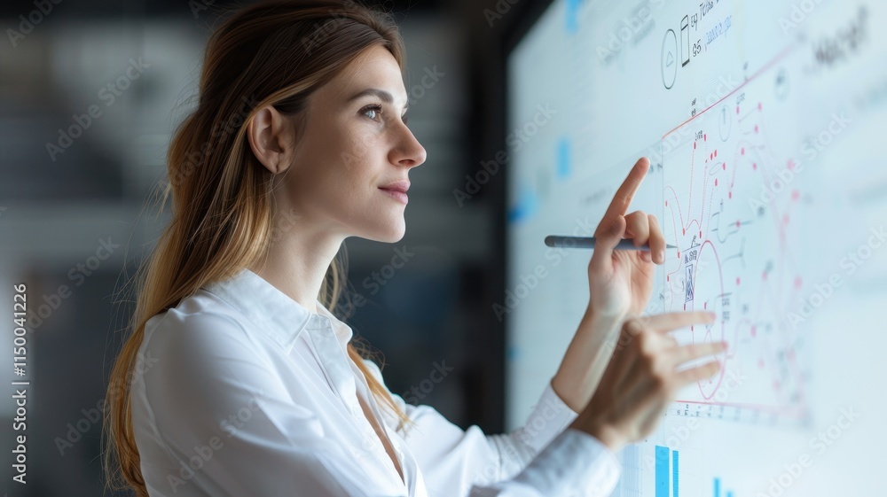 Poster a focused woman interacts with a digital screen, analyzing data and presenting information with a pe